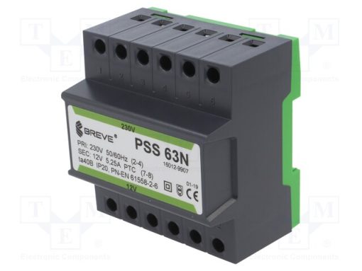 PSS63N/230/12V_Μετασχηματιστής: δικτύου; 63VA; 230VAC; 12V; για ράγα DIN; IP30