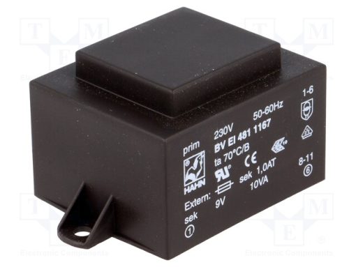 BV EI 481 1167_Μετασχηματιστής: χυτός; 10VA; 230VAC; 9V; 1111mA; PCB; BVEI