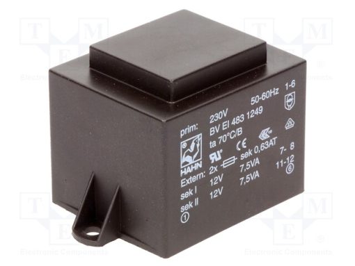 BV EI 483 1249_Μετασχηματιστής: χυτός; 15VA; 230VAC; 12V; 12V; 625mA; 625mA; PCB