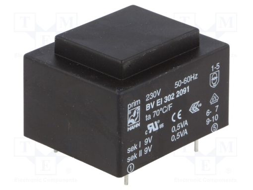 BV EI 302 2091_Μετασχηματιστής: χυτός; 1VA; 230VAC; 9V; 9V; 56mA; 56mA; PCB; BVEI