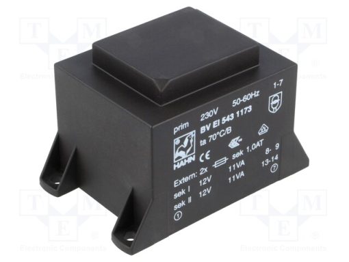 BV EI 543 1173_Μετασχηματιστής: χυτός; 22VA; 230VAC; 12V; 12V; 917mA; 917mA; PCB