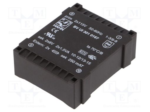 BV UI 301 0167_Μετασχηματιστής: χυτός; 3VA; 115VACx2; 6V; 6V; 250mA; 250mA; PCB