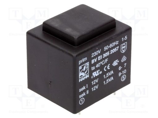 BV EI 305 2057_Μετασχηματιστής: χυτός; 3VA; 230VAC; 12V; 12V; 125mA; 125mA; PCB