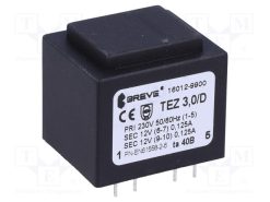 TEZ3.0/D230/12-12V TA40_Μετασχηματιστής: χυτός; 3VA; 230VAC; 12V; 12V; 125mA; 125mA; PCB