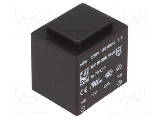 BV EI 306 3365_Μετασχηματιστής: χυτός; 3VA; 230VAC; 12V; 250mA; PCB; BVEI