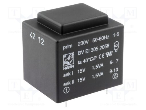 BV EI 305 2058_Μετασχηματιστής: χυτός; 3VA; 230VAC; 15V; 15V; 100mA; 100mA; PCB