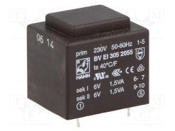 BV EI 305 2055_Μετασχηματιστής: χυτός; 3VA; 230VAC; 6V; 6V; 250mA; 250mA; PCB; BVEI