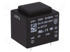 BV EI 305 2051_Μετασχηματιστής: χυτός; 3VA; 230VAC; 9V; 334mA; PCB; BVEI