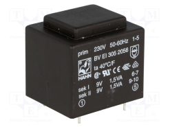 BV EI 305 2056_Μετασχηματιστής: χυτός; 3VA; 230VAC; 9V; 9V; 167mA; 167mA; PCB; BVEI