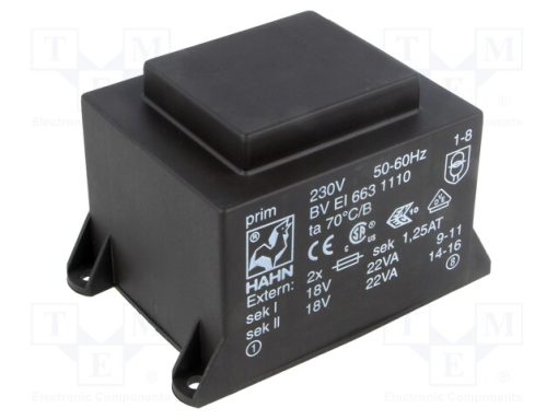 BV EI 663 1110_Μετασχηματιστής: χυτός; 44VA; 230VAC; 18V; 18V; 1222mA; 1222mA; PCB