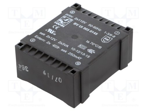 BV UI 303 0145_Μετασχηματιστής: χυτός; 6VA; 115VACx2; 12V; 12V; 250mA; 250mA; PCB