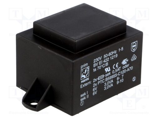 BV EI 422 1219_Μετασχηματιστής: χυτός; 6VA; 230VAC; 6V; 6V; 500mA; 500mA; PCB; BVEI