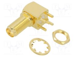 132203_Πρίζα; SMA; θηλυκά; γωνιακός 90°; 50Ω; THT; PTFE; Επίχρυση